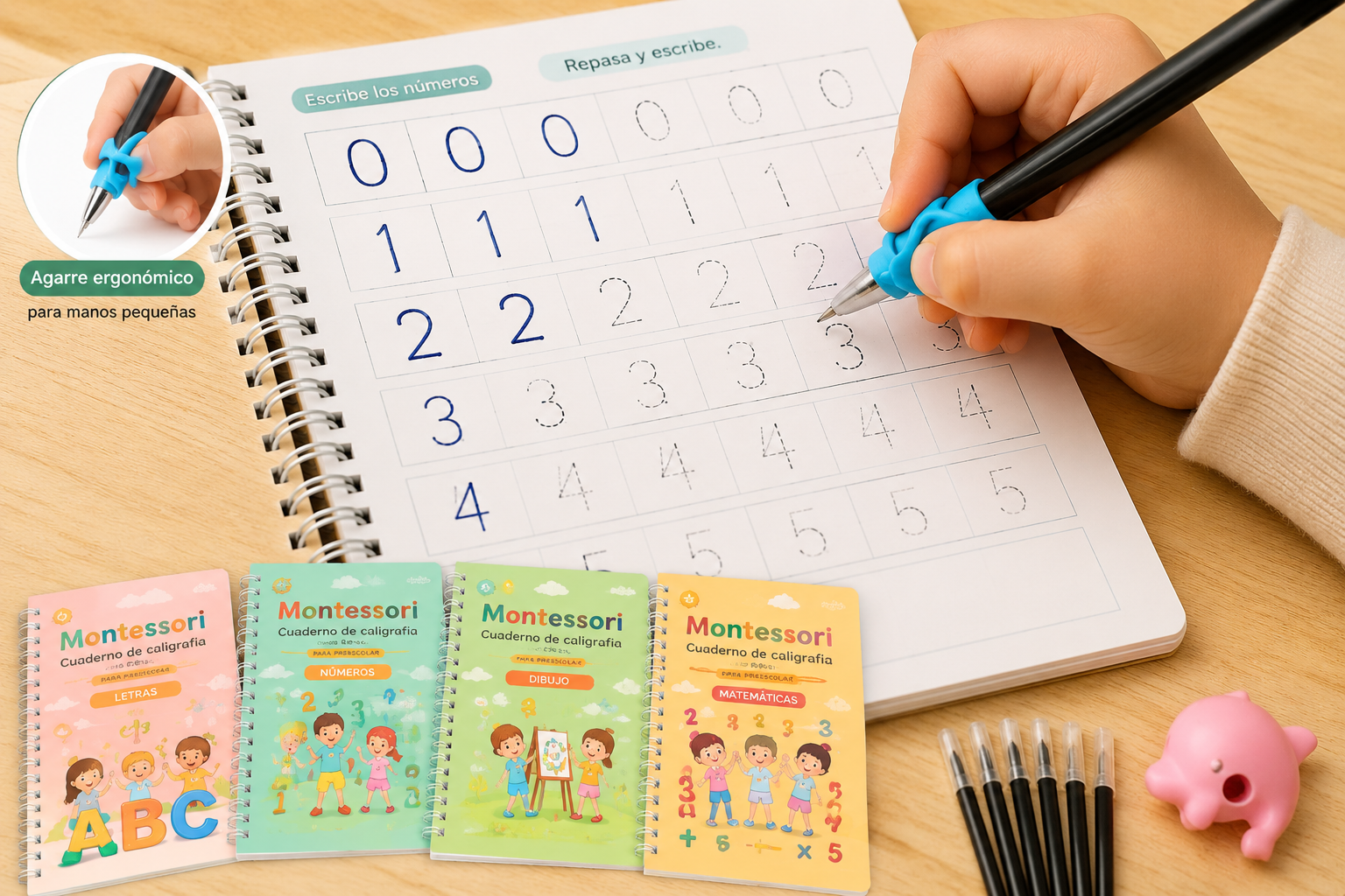 Agarre ergonómico y cuadernos Montessori — pack completo